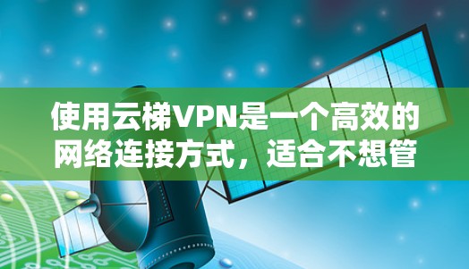 使用云梯VPN是一个高效的网络连接方式,适合不想管理自己的网络设备的人。以下是详细的使用步骤,帮助你顺利使用云梯VPN 使用云梯VPN是一个高效的网络连接方式,适合不想管理自己的网络设备的人。以下是详细的使用步骤,帮助你顺利使用云梯VPN
